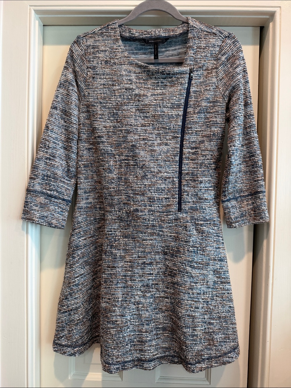 BCBG Textured Blue-Gray A-Line Dress with Zip Detail